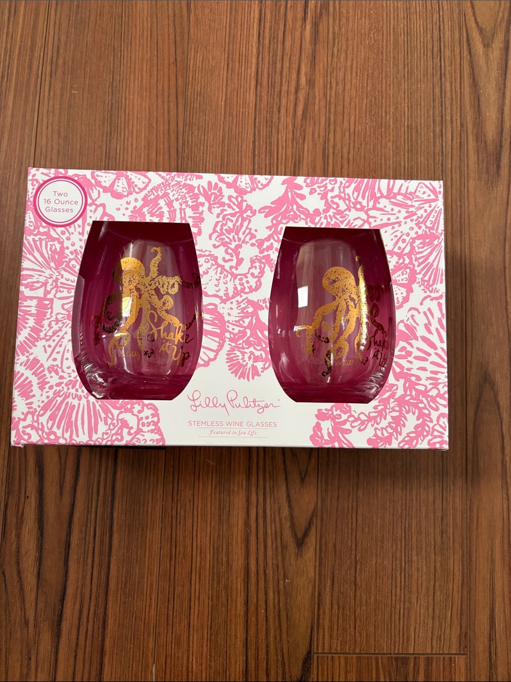 Lilly Pulitzer Stemless Wine Glasses with Gold Octopus (Set of 2) Shake it Up!!!